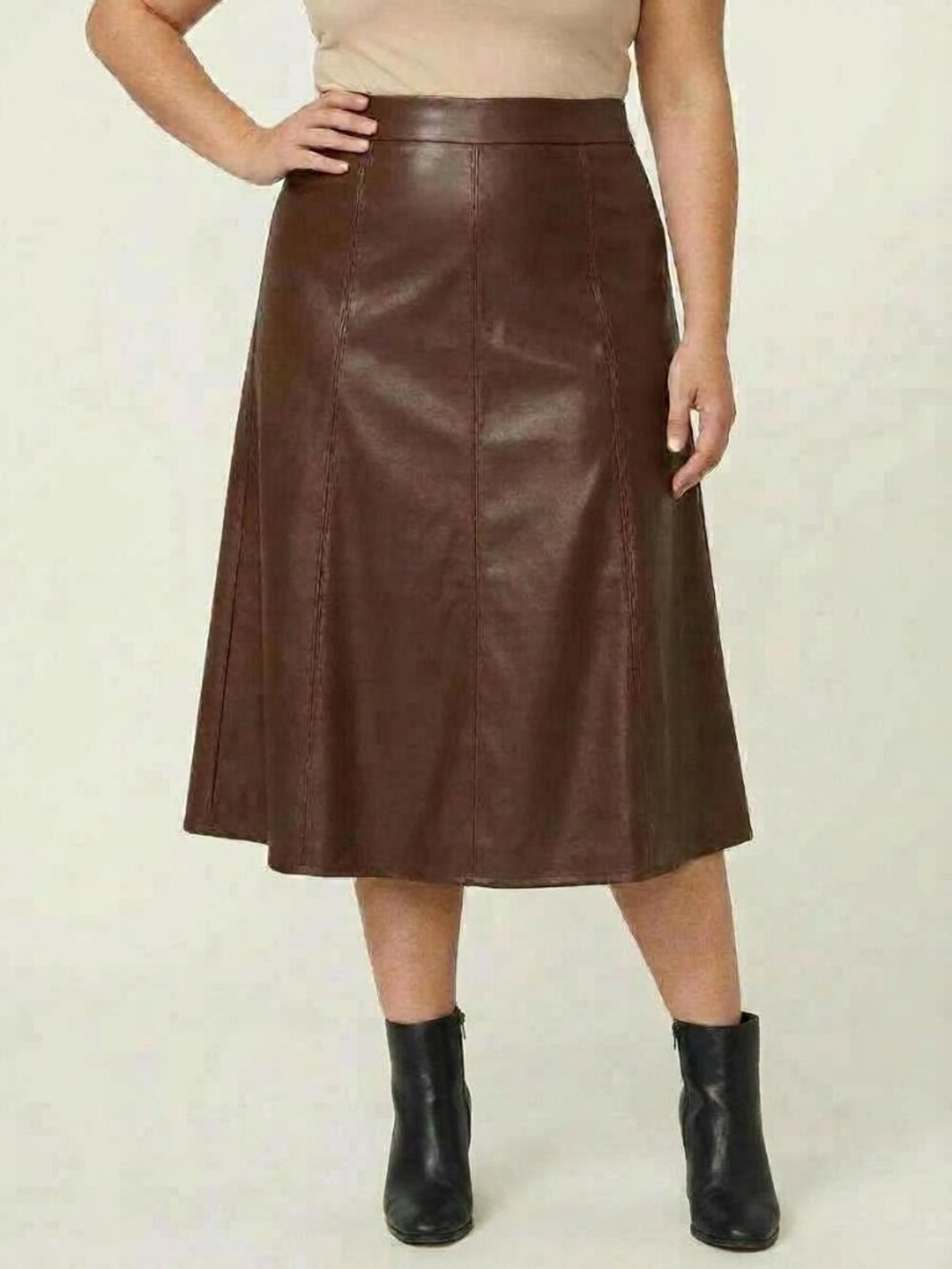 Estelle Ashdown Brown Faux Leather A-Line Midi Skirt Plus Size 2X/2W